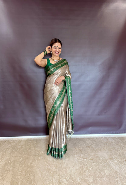 Handwoven Tissue Brocade Saree With Bottle Green Silk Borders