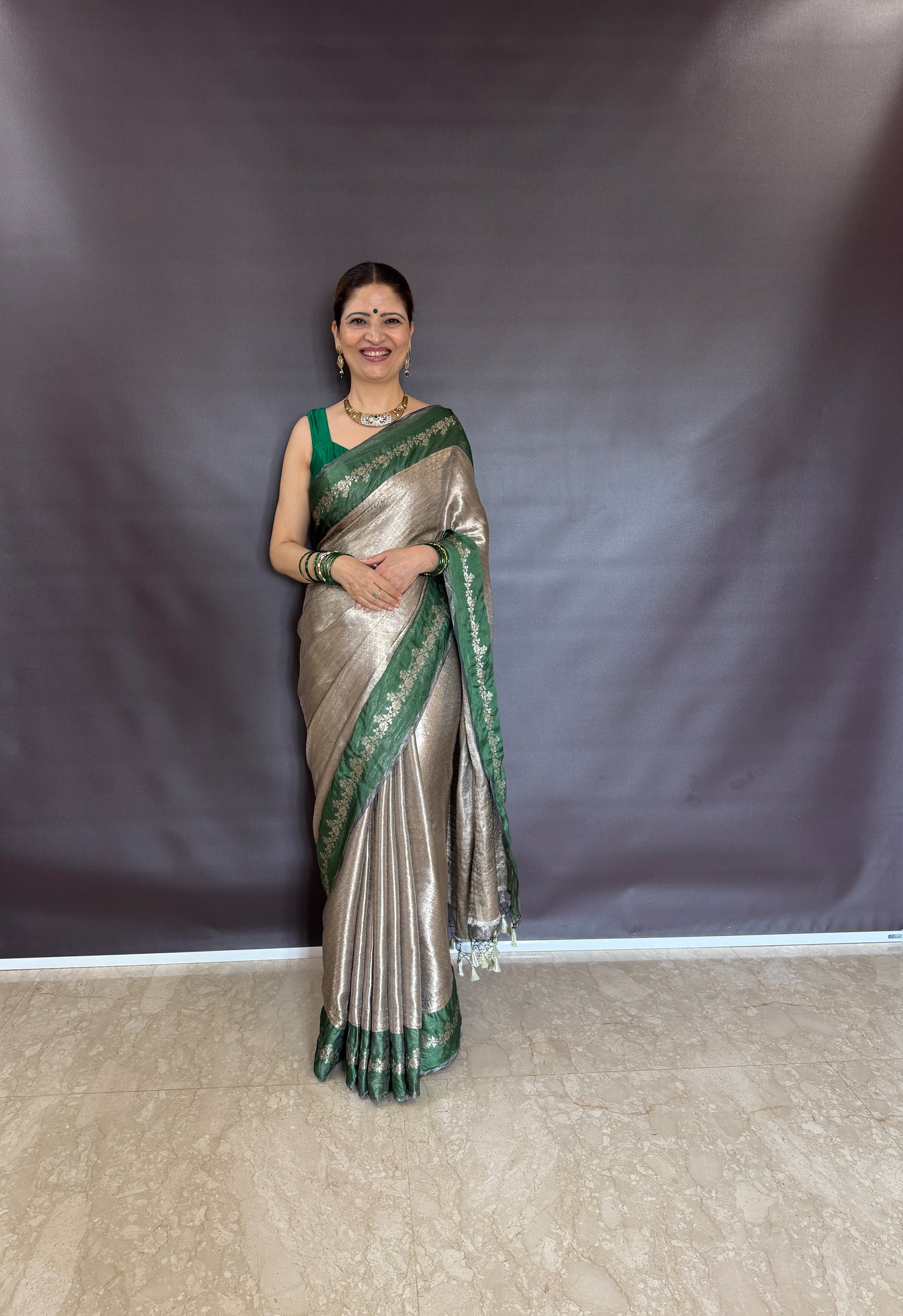 Handwoven Tissue Brocade Saree With Bottle Green Silk Borders