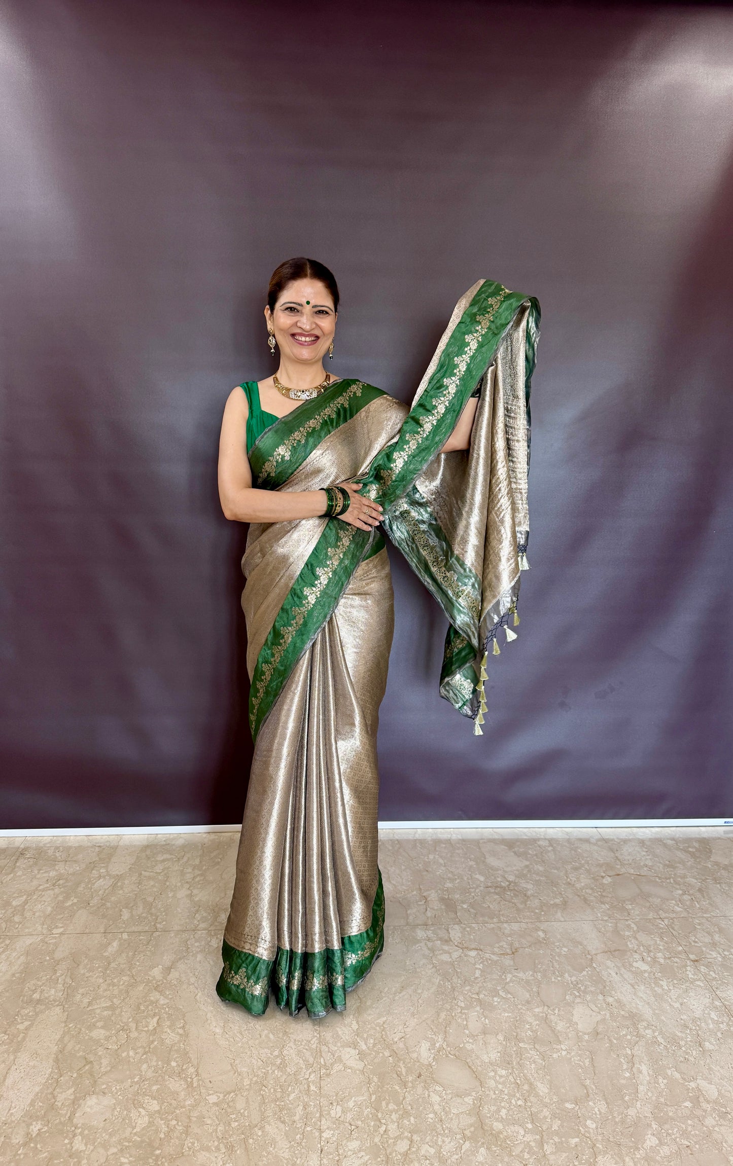 Handwoven Tissue Brocade Saree With Bottle Green Silk Borders