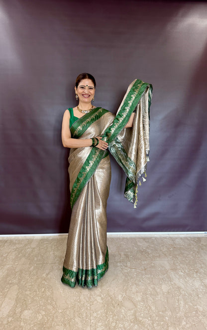 Handwoven Tissue Brocade Saree With Bottle Green Silk Borders