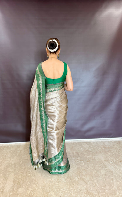 Handwoven Tissue Brocade Saree With Bottle Green Silk Borders