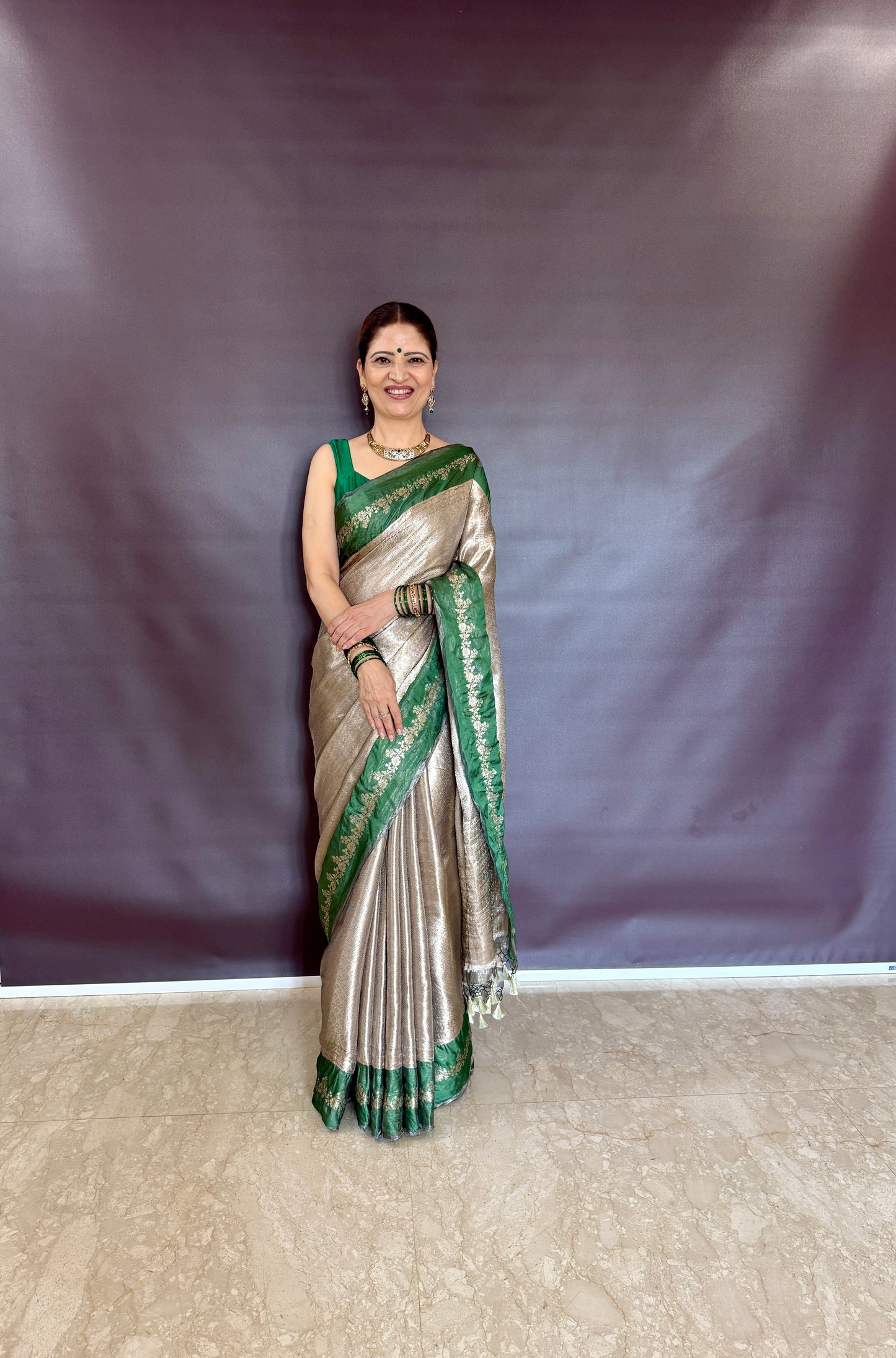 Handwoven Tissue Brocade Saree With Bottle Green Silk Borders