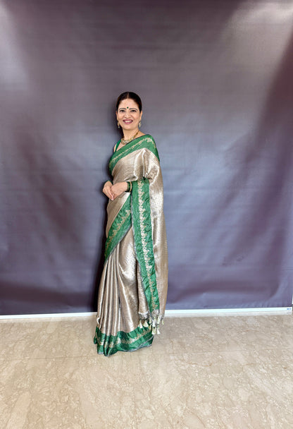 Handwoven Tissue Brocade Saree With Bottle Green Silk Borders