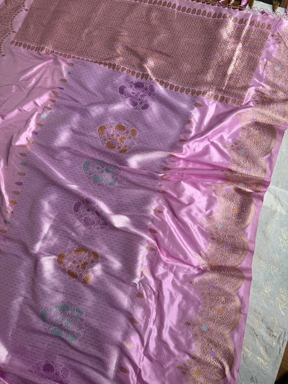 Handwoven Lavender Pink Katan Silk Kadhwa Tanchoi Saree