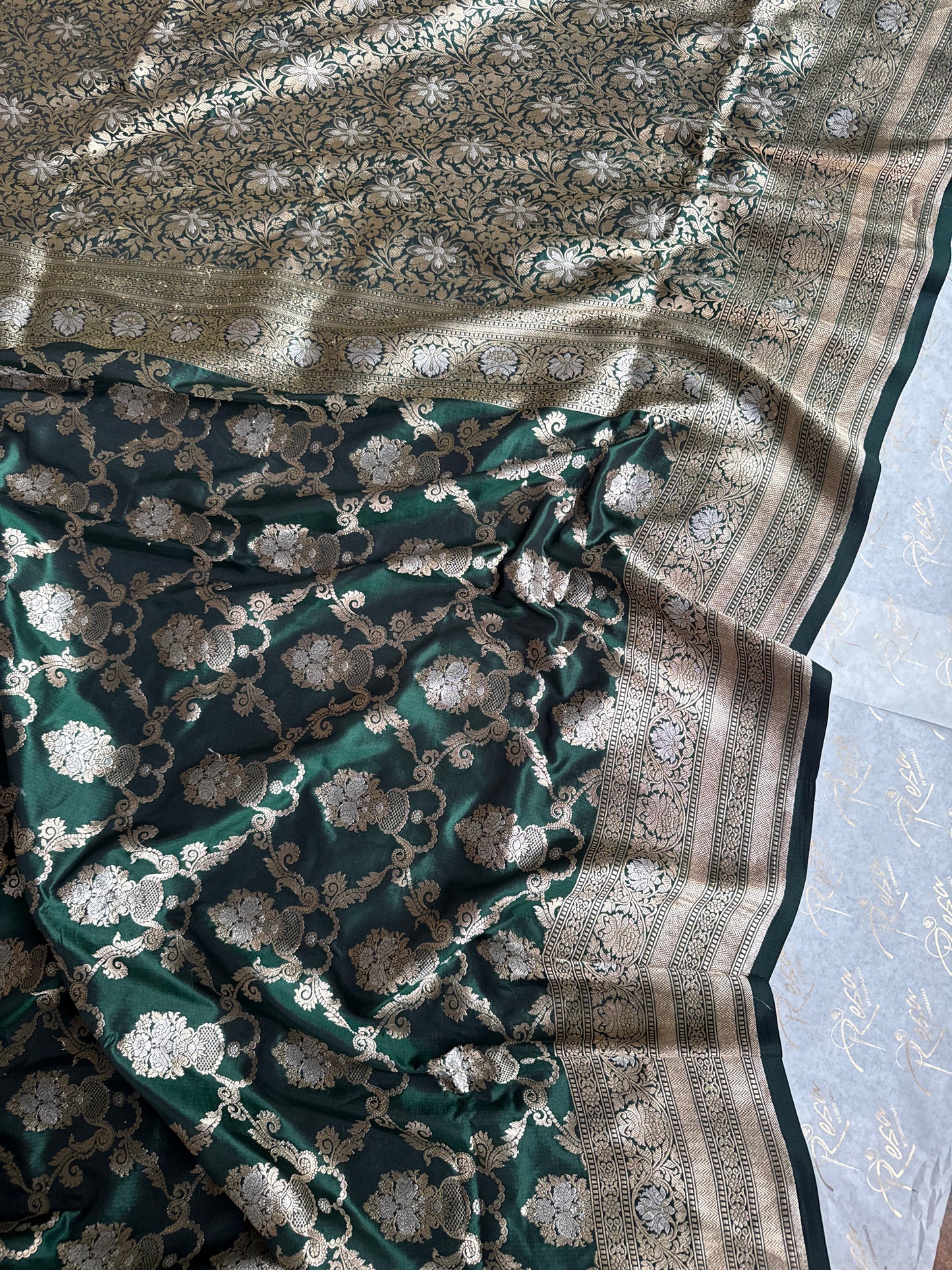 Handwoven Bottle Green Katan Silk Jaal Saree