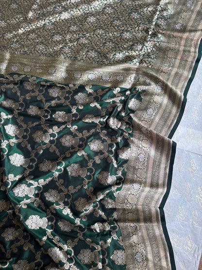 Handwoven Bottle Green Katan Silk Jaal Saree