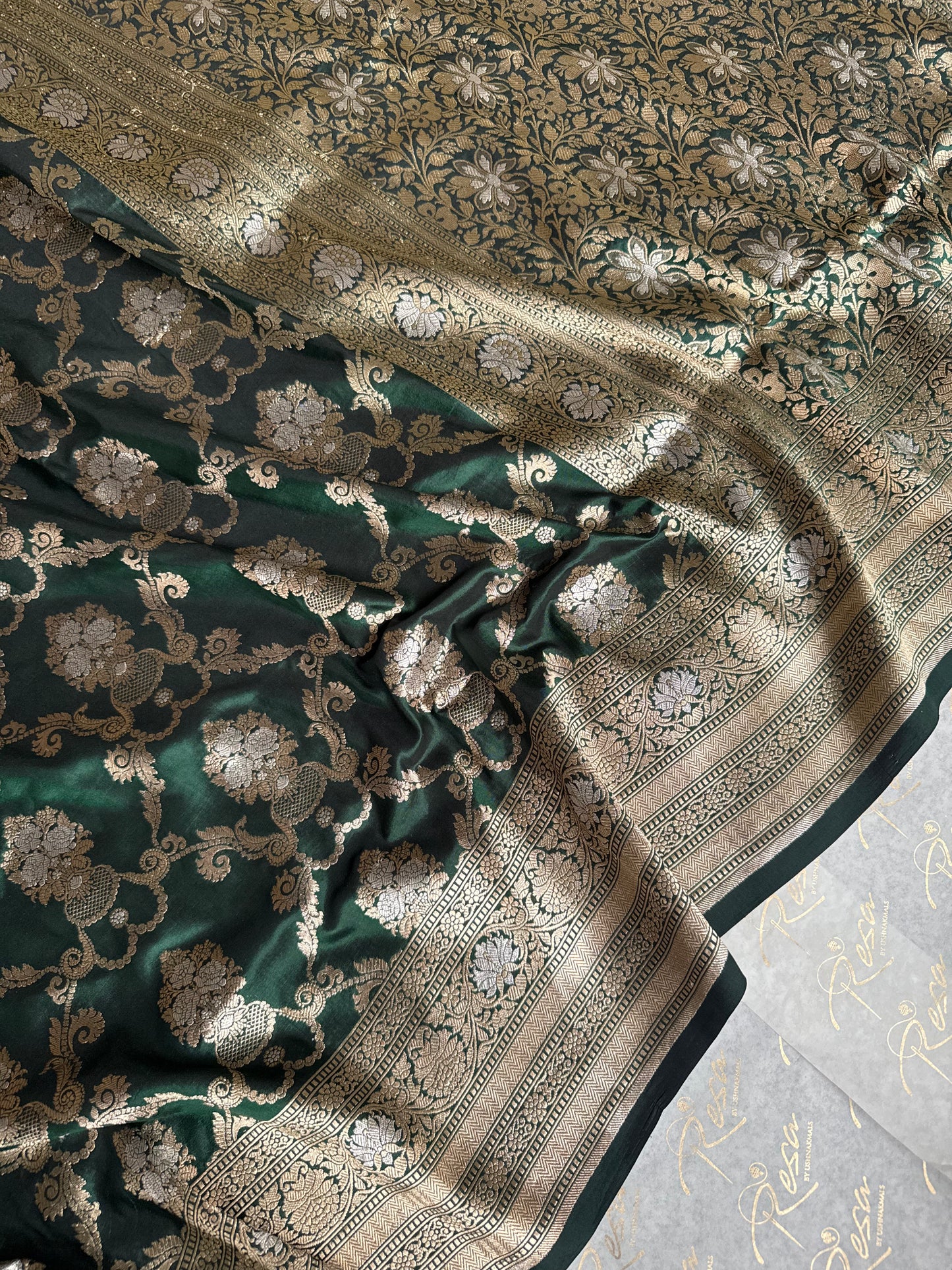 Handwoven Bottle Green Katan Silk Jaal Saree
