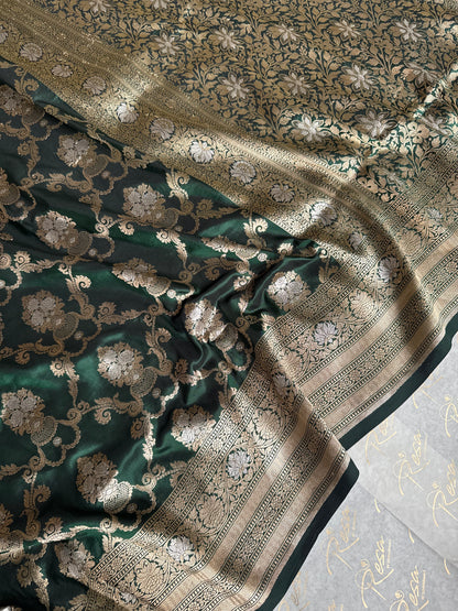Handwoven Bottle Green Katan Silk Jaal Saree