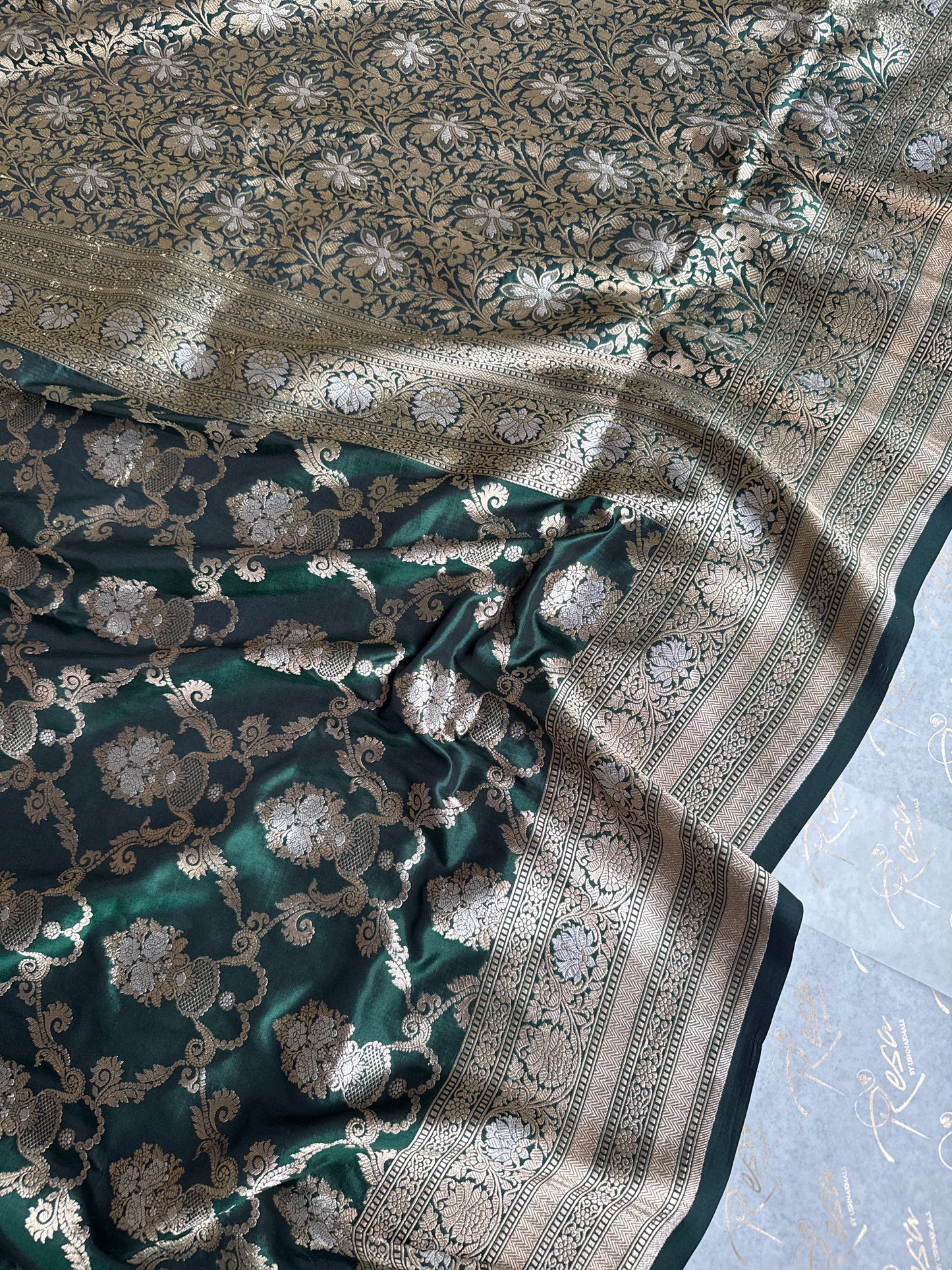 Handwoven Bottle Green Katan Silk Jaal Saree