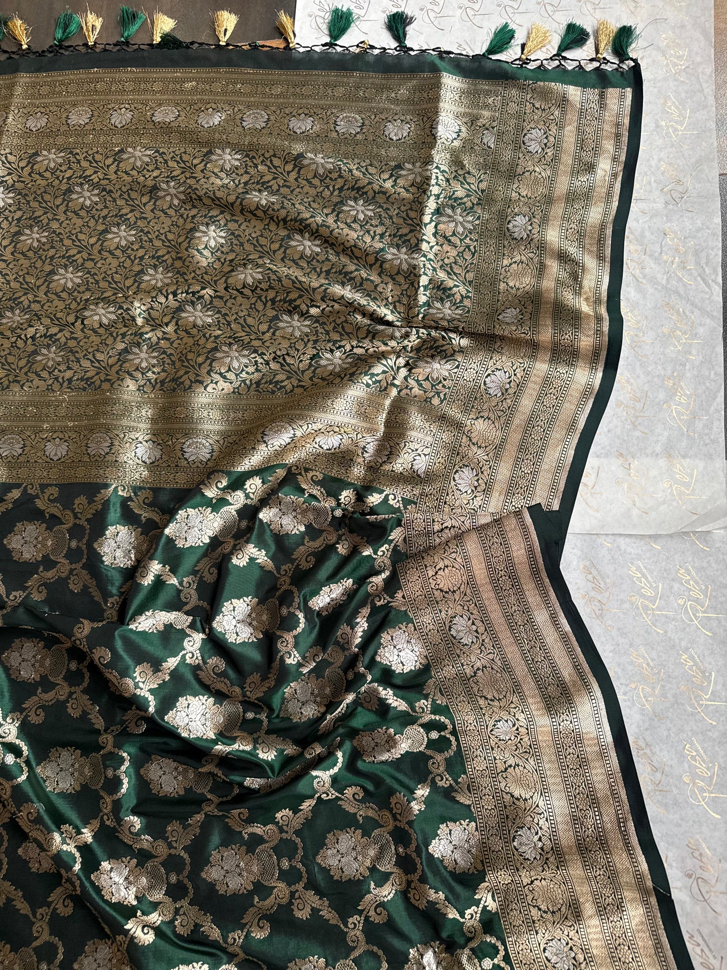 Handwoven Bottle Green Katan Silk Jaal Saree