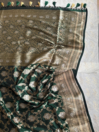 Handwoven Bottle Green Katan Silk Jaal Saree