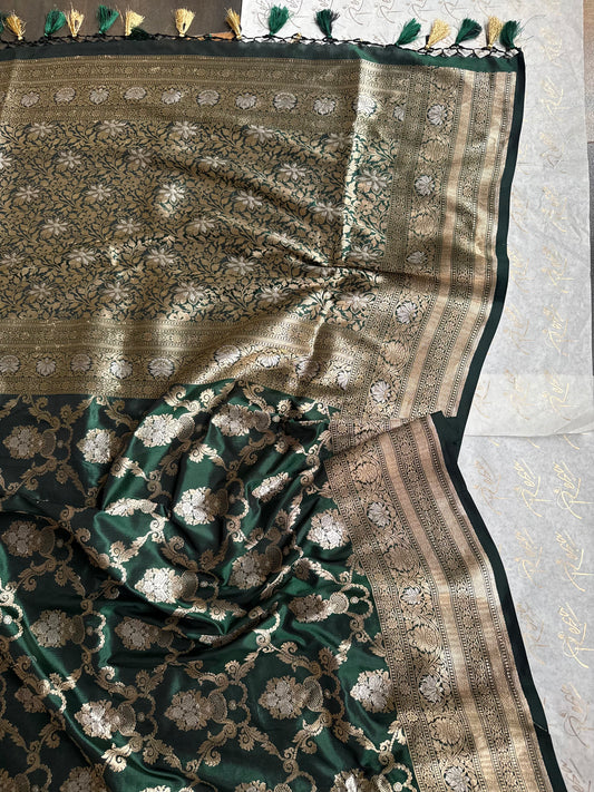 Handwoven Bottle Green Katan Silk Jaal Saree