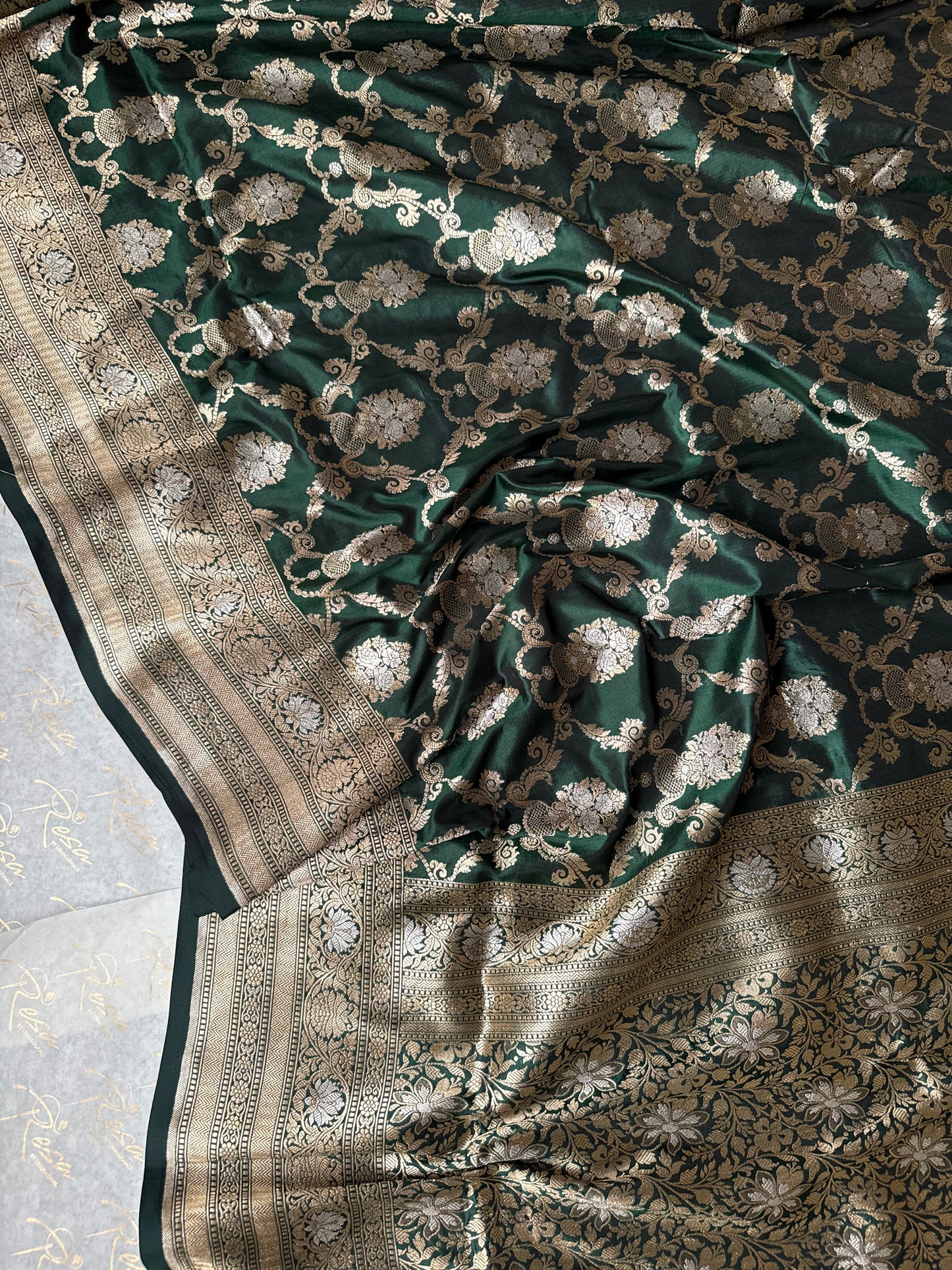 Handwoven Bottle Green Katan Silk Jaal Saree