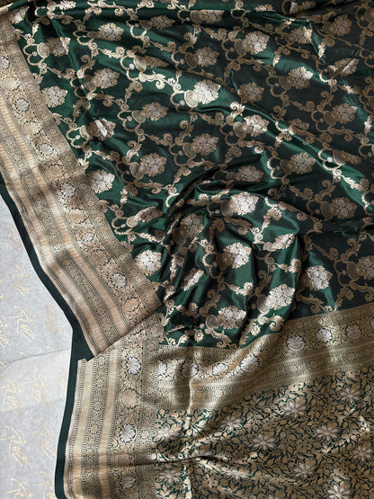 Handwoven Bottle Green Katan Silk Jaal Saree