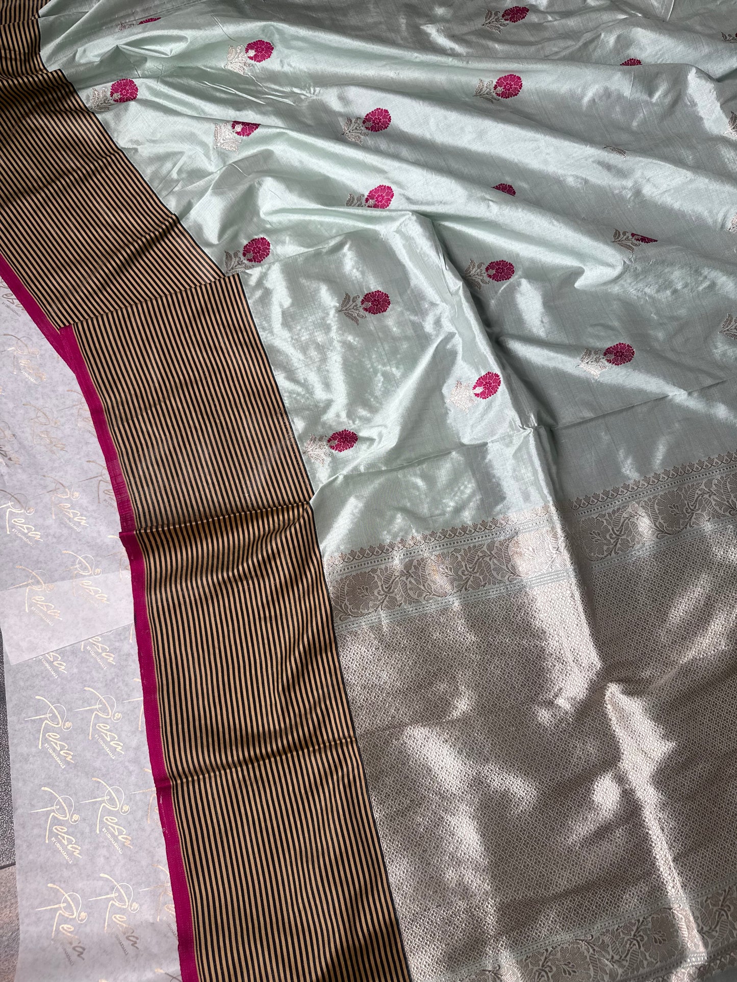 Handwoven Ice Blue Katan Silk Striped Border With Kadhwa Meenakari Butas Banarasi Saree