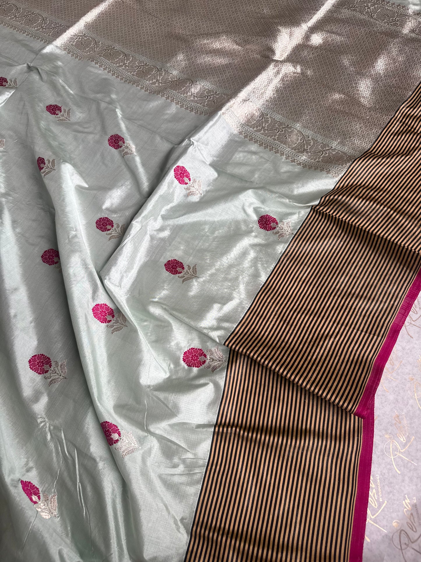 Handwoven Ice Blue Katan Silk Banarasi Saree