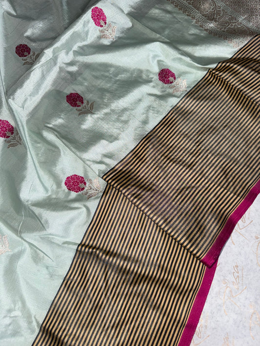 Handwoven Ice Blue Katan Silk Striped Border With Kadhwa Meenakari Butas Banarasi Saree