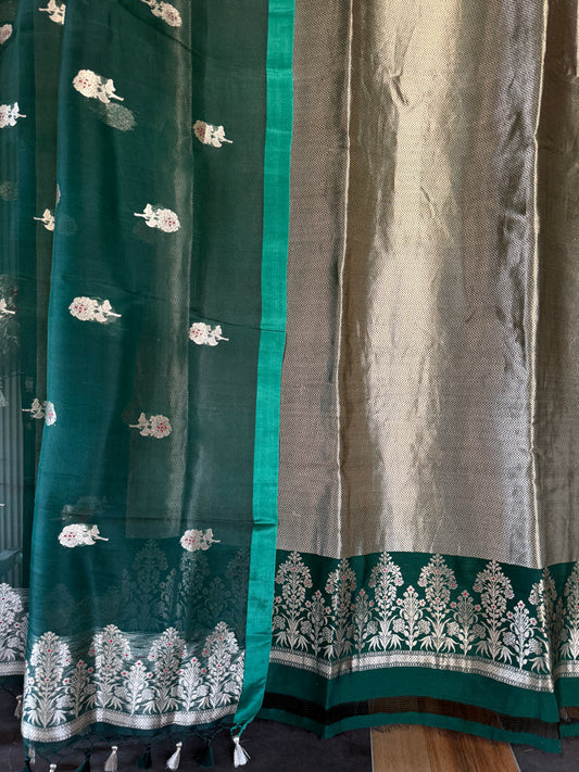 Green Handwoven Chevron Brocade Kurta With Kora Silk Dupatta Suit Set