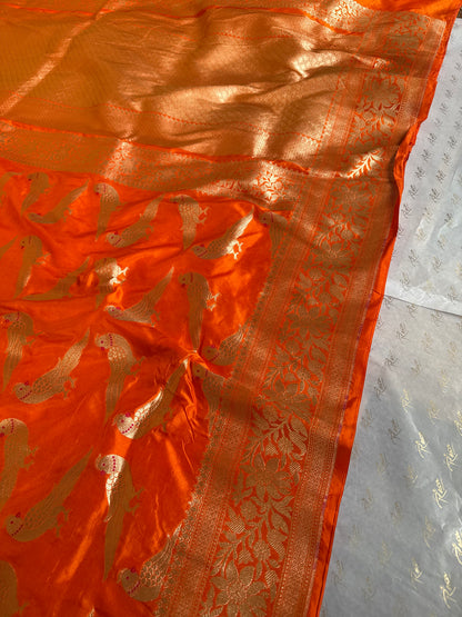 Handwoven Orange Katan Silk Bird Banarasi Saree