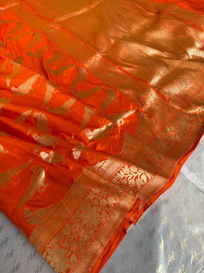 Handwoven Orange Katan Silk Bird Banarasi Saree