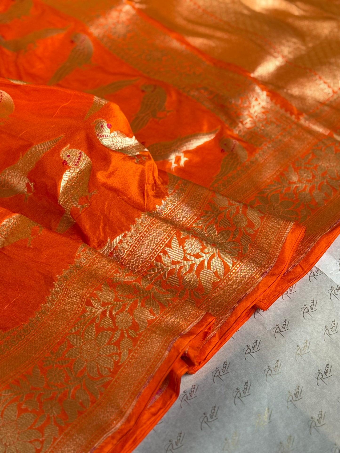 Handwoven Orange Katan Silk Bird Banarasi Saree