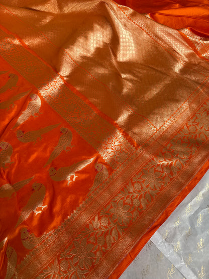 Handwoven Orange Katan Silk Bird Banarasi Saree