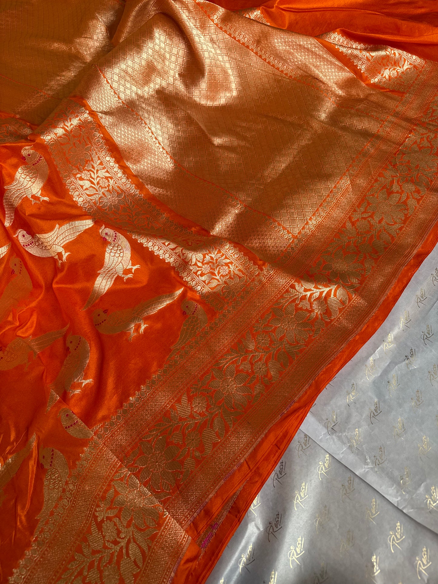 Handwoven Orange Katan Silk Bird Banarasi Saree