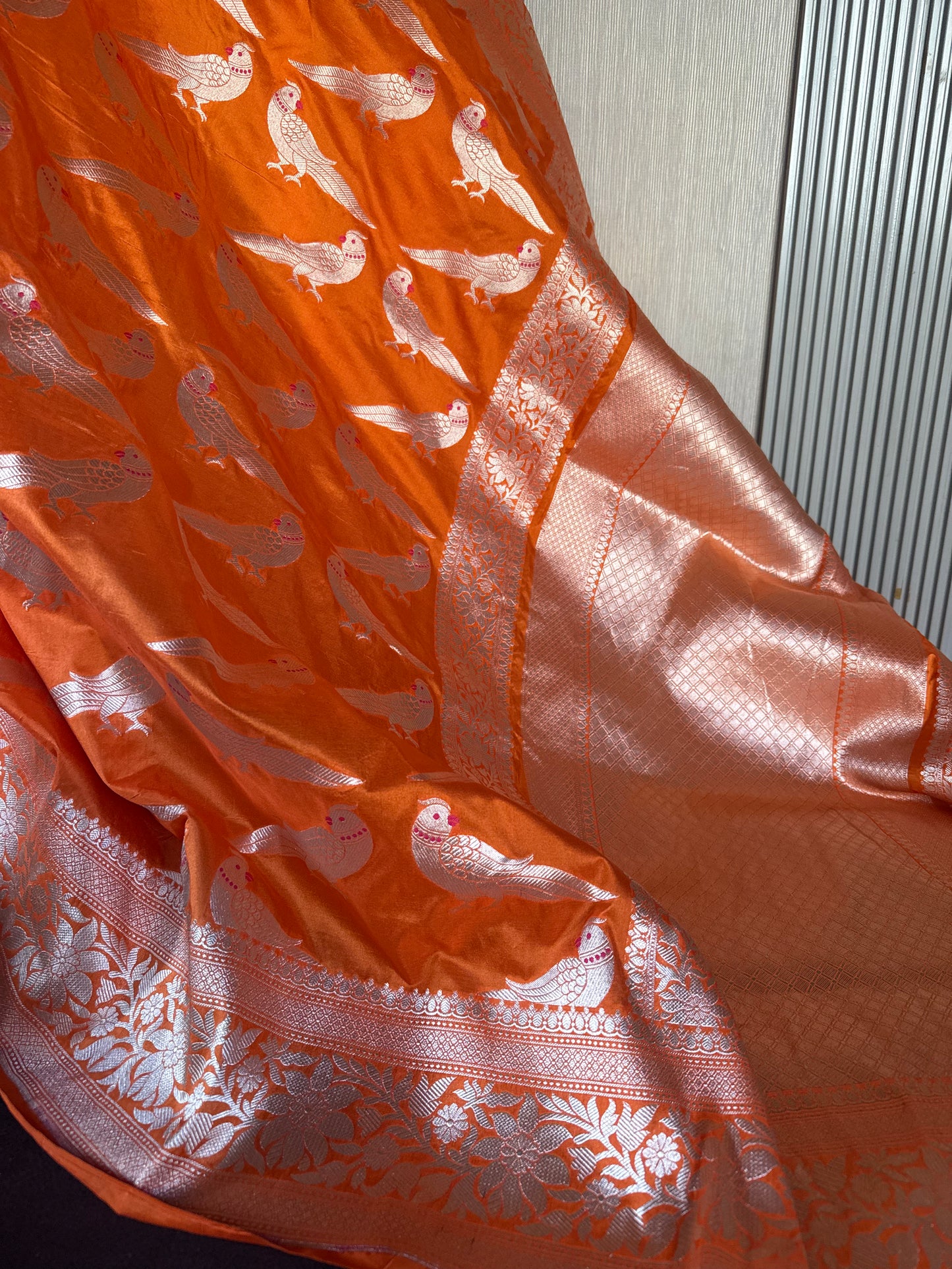 Handwoven Orange Katan Silk Bird Banarasi Saree