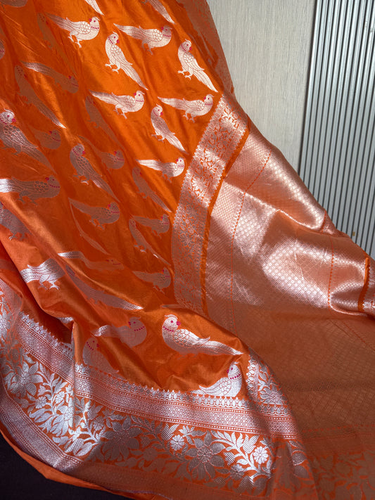 Handwoven Orange Katan Silk Bird Banarasi Saree