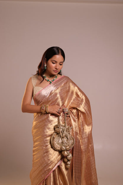 Handwoven Champagne Tissue Brocade Checkered Banarasi Saree