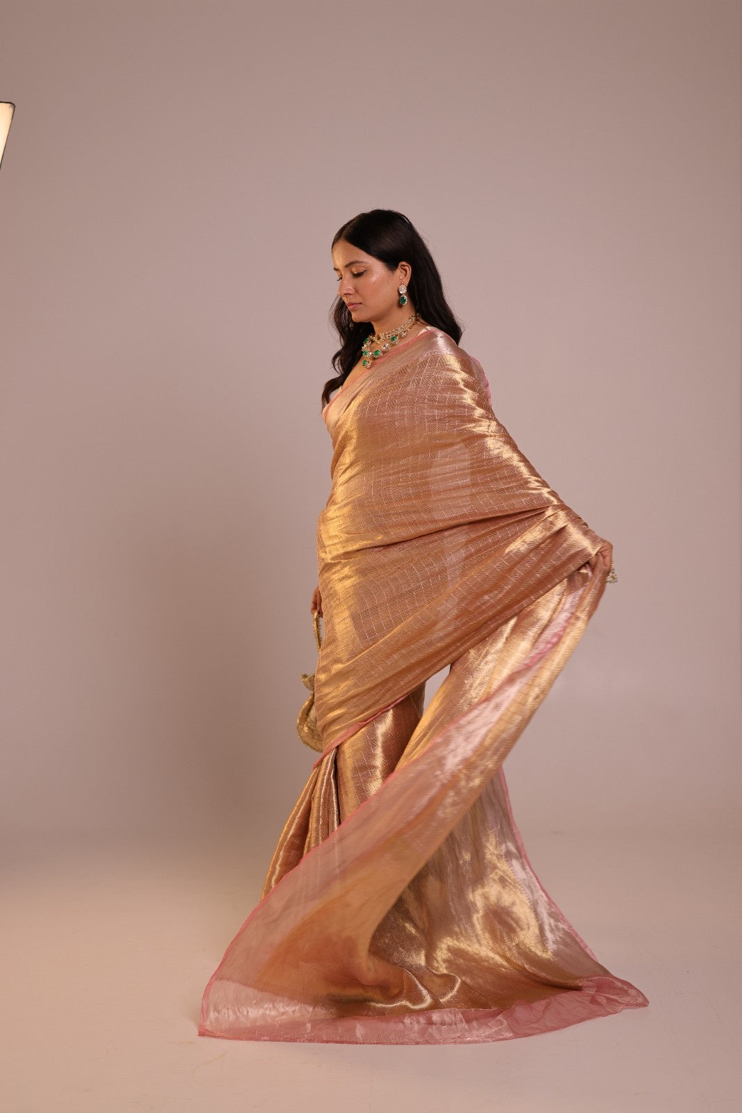 Handwoven Champagne Tissue Brocade Checkered Banarasi Saree
