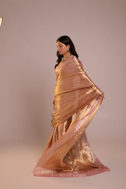 Handwoven Champagne Tissue Brocade Checkered Banarasi Saree