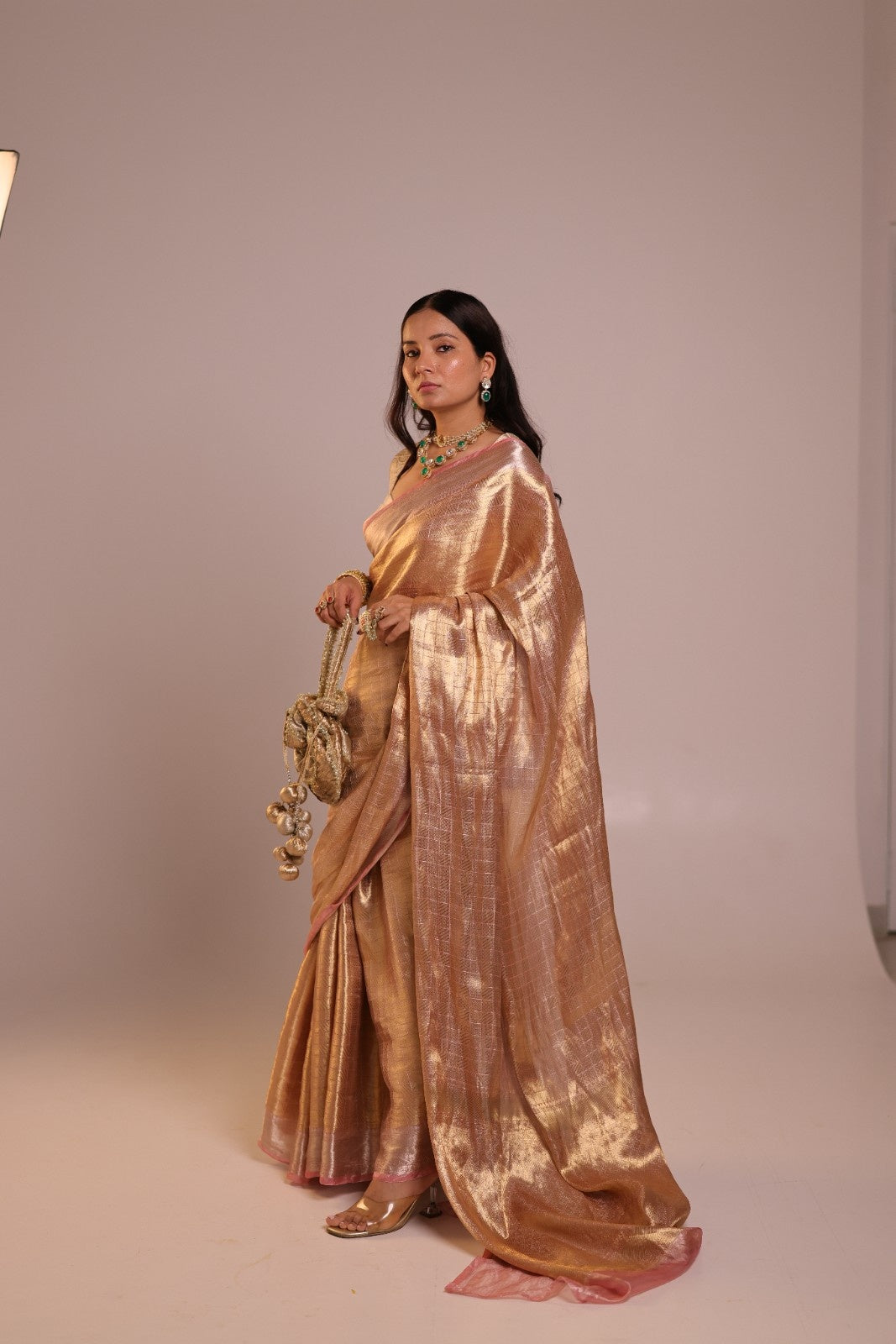 Handwoven Champagne Tissue Brocade Checkered Banarasi Saree