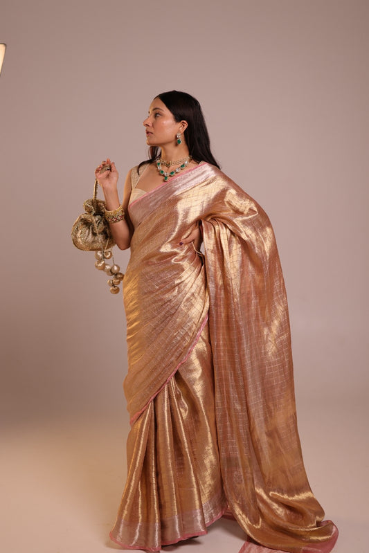 Handwoven Champagne Tissue Brocade Checkered Banarasi Saree