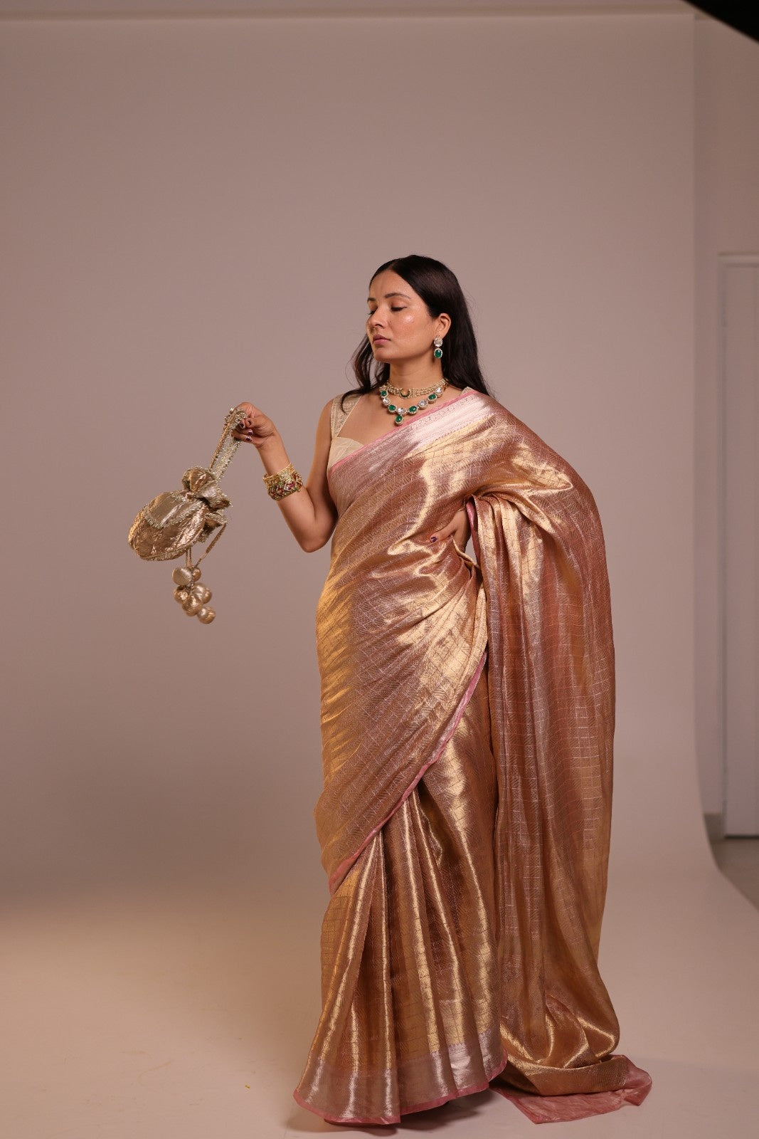Handwoven Champagne Tissue Brocade Checkered Banarasi Saree