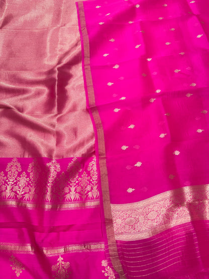 Pink Handwoven Chevron Brocade Kurta With Kora Silk Dupatta Suit Set