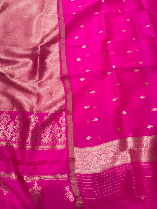 Pink Handwoven Chevron Brocade Kurta With Kora Silk Dupatta Suit Set