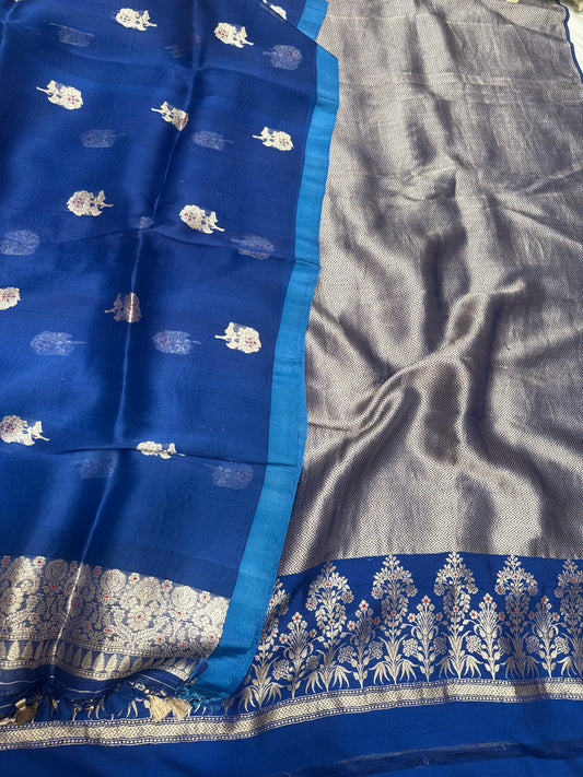 Blue Handwoven Chevron Brocade Kurta With Kora Silk Dupatta Suit Set