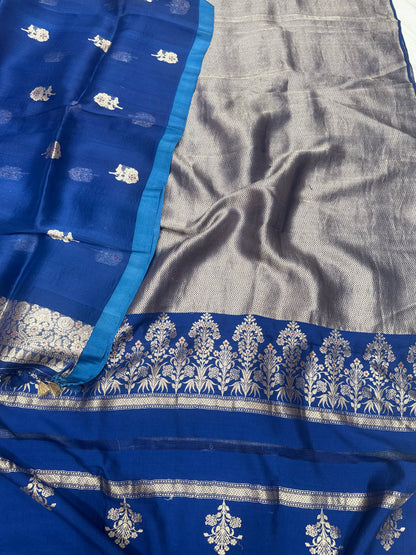 Blue Handwoven Chevron Brocade Kurta With Kora Silk Dupatta Suit Set