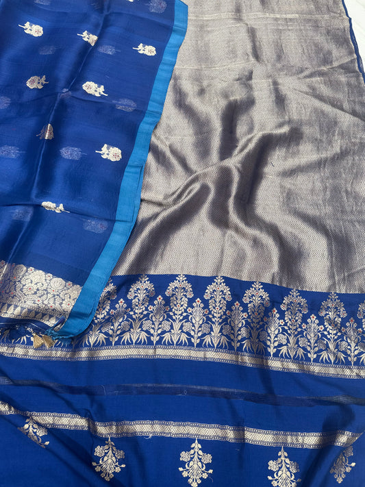 Blue Handwoven Chevron Brocade Kurta With Kora Silk Dupatta Suit Set