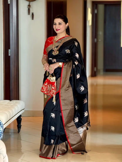 Handwoven Katan Silk Black Striped Border Saree with Kadhwa Butas and Red Meenakari