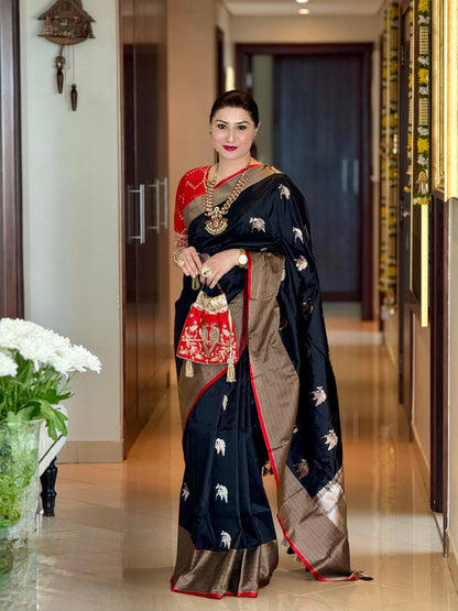 Handwoven Katan Silk Black Striped Border Saree with Kadhwa Butas and Red Meenakari