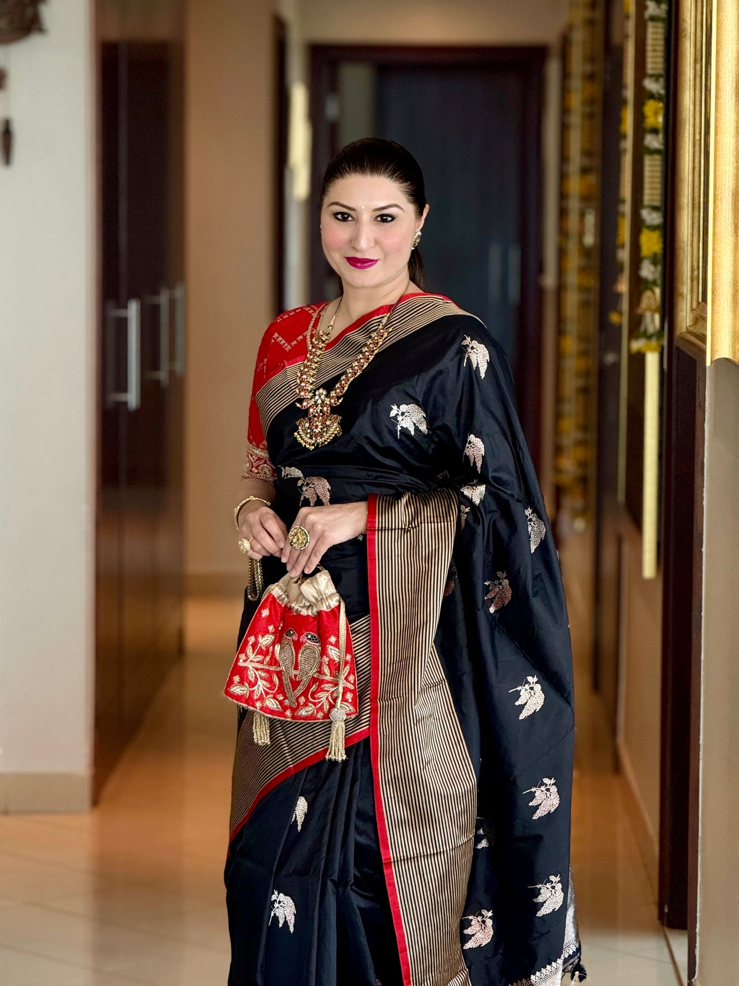 Handwoven Katan Silk Black Striped Border Saree with Kadhwa Butas and Red Meenakari
