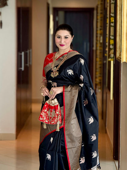 Handwoven Katan Silk Black Striped Border Saree with Kadhwa Butas and Red Meenakari