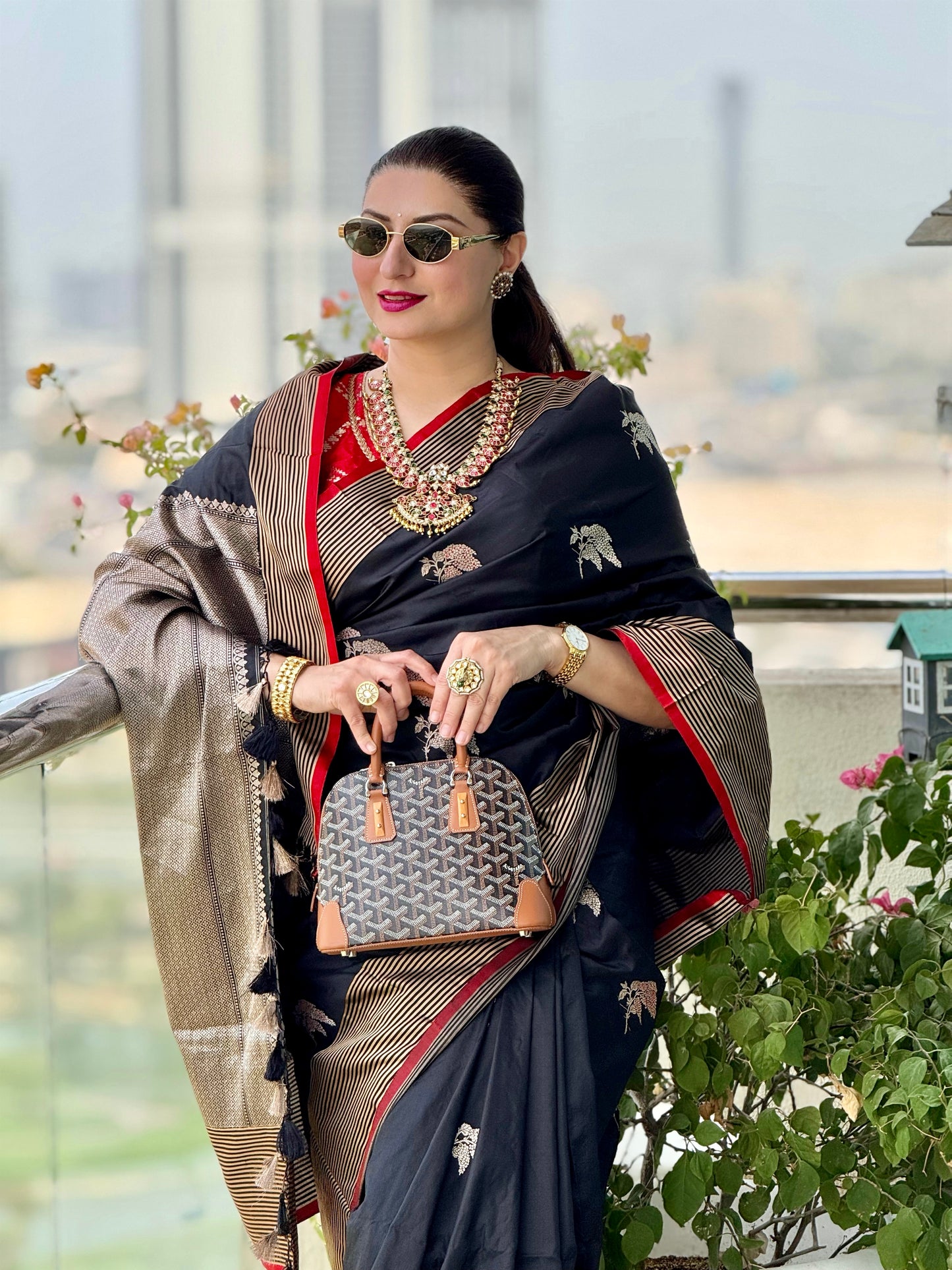 Handwoven Katan Silk Black Striped Border Saree with Kadhwa Butas and Red Meenakari