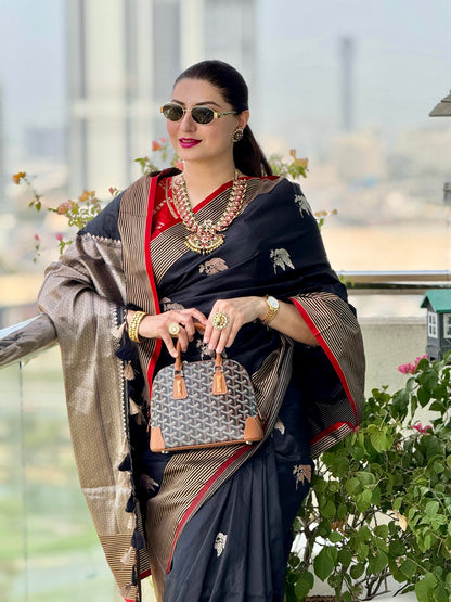 Handwoven Katan Silk Black Striped Border Saree with Kadhwa Butas and Red Meenakari