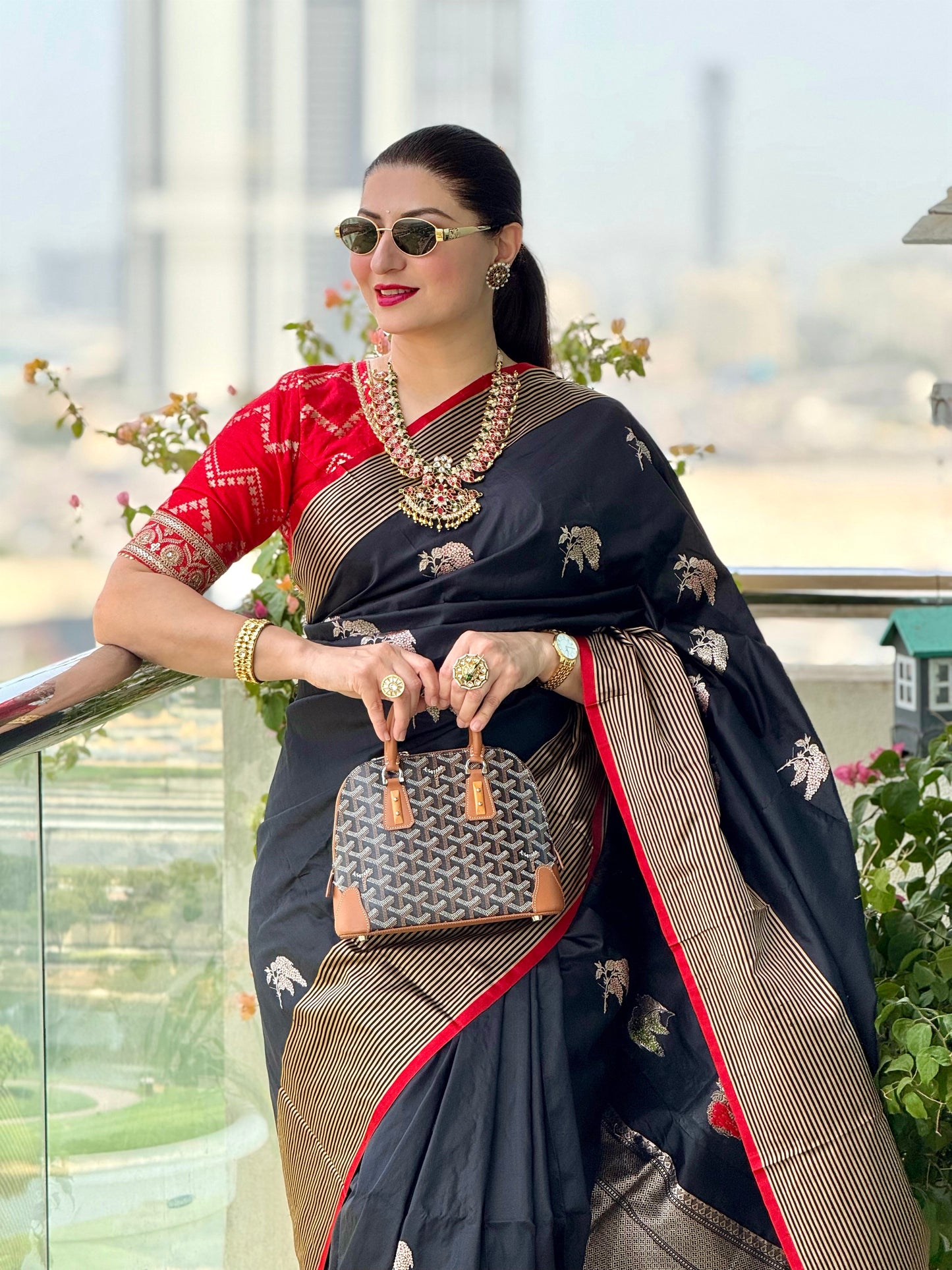 Handwoven Katan Silk Black Striped Border Saree with Kadhwa Butas and Red Meenakari