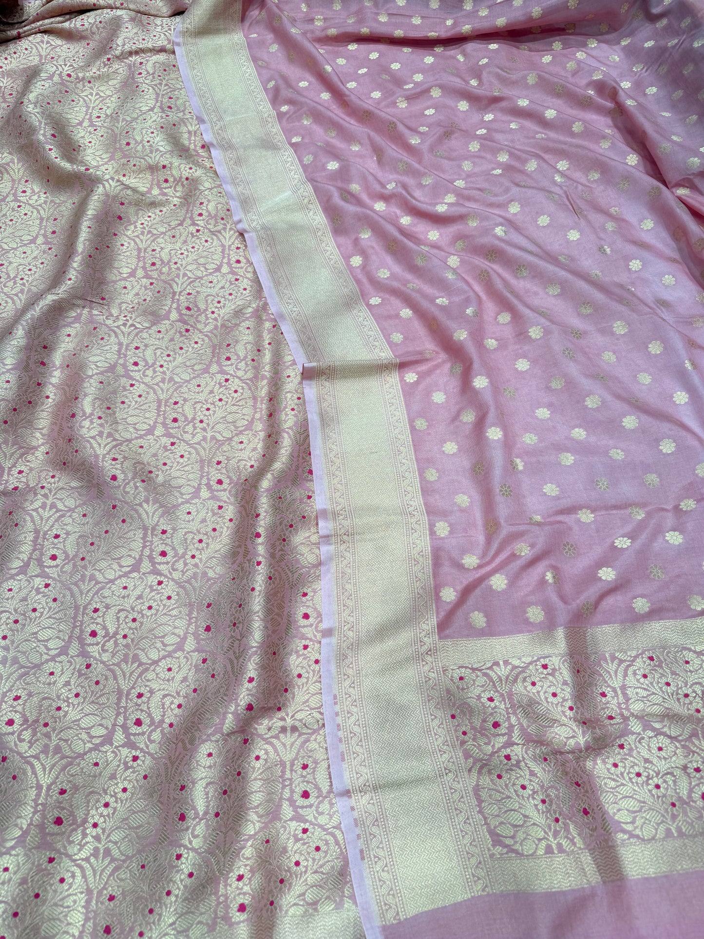 Handwoven Pink Summer Crepe Brocade Meenakari Suit Set