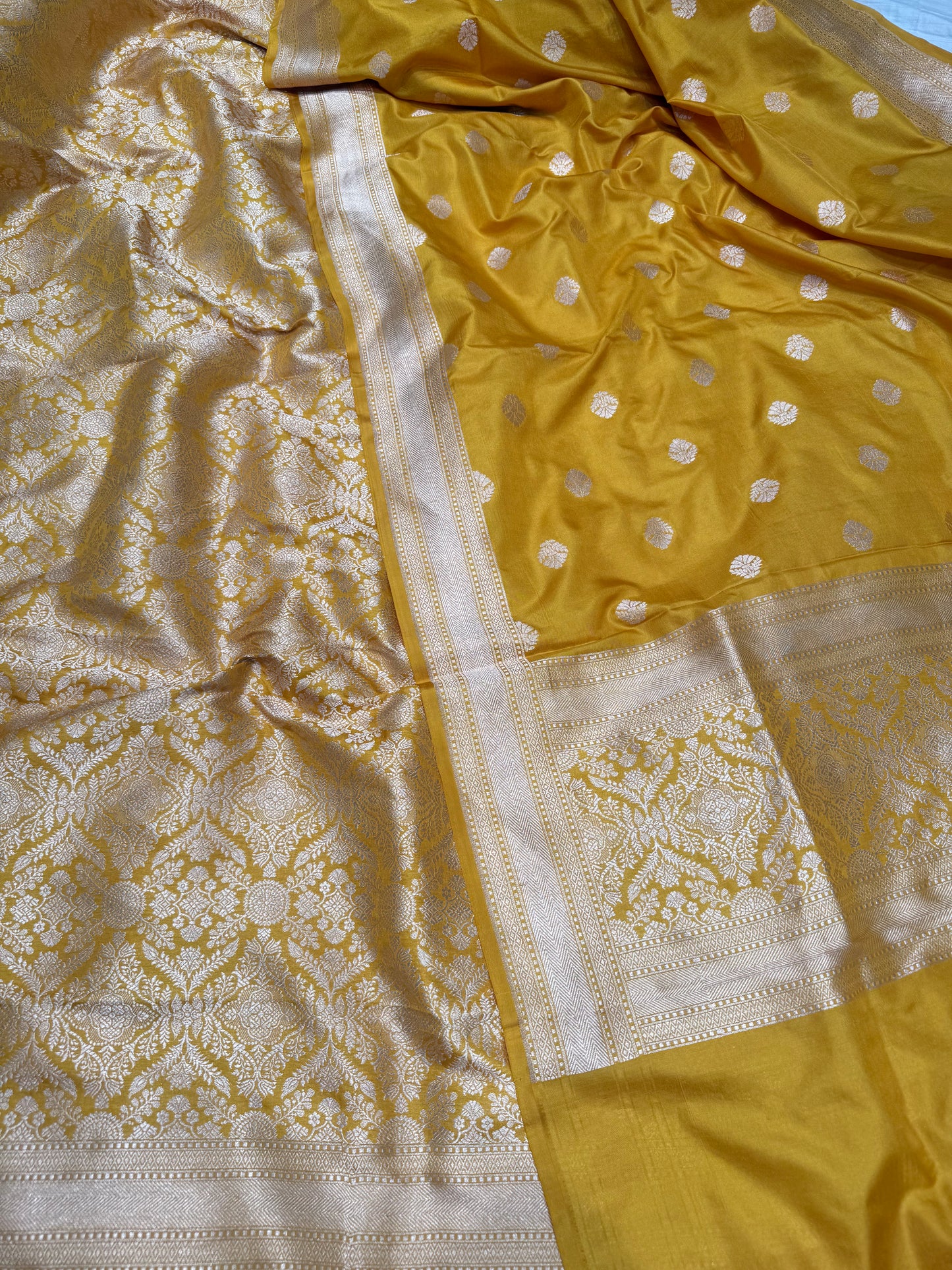 Handwoven Mustard Crepe Brocade Banarasi Unstitched Suit Set