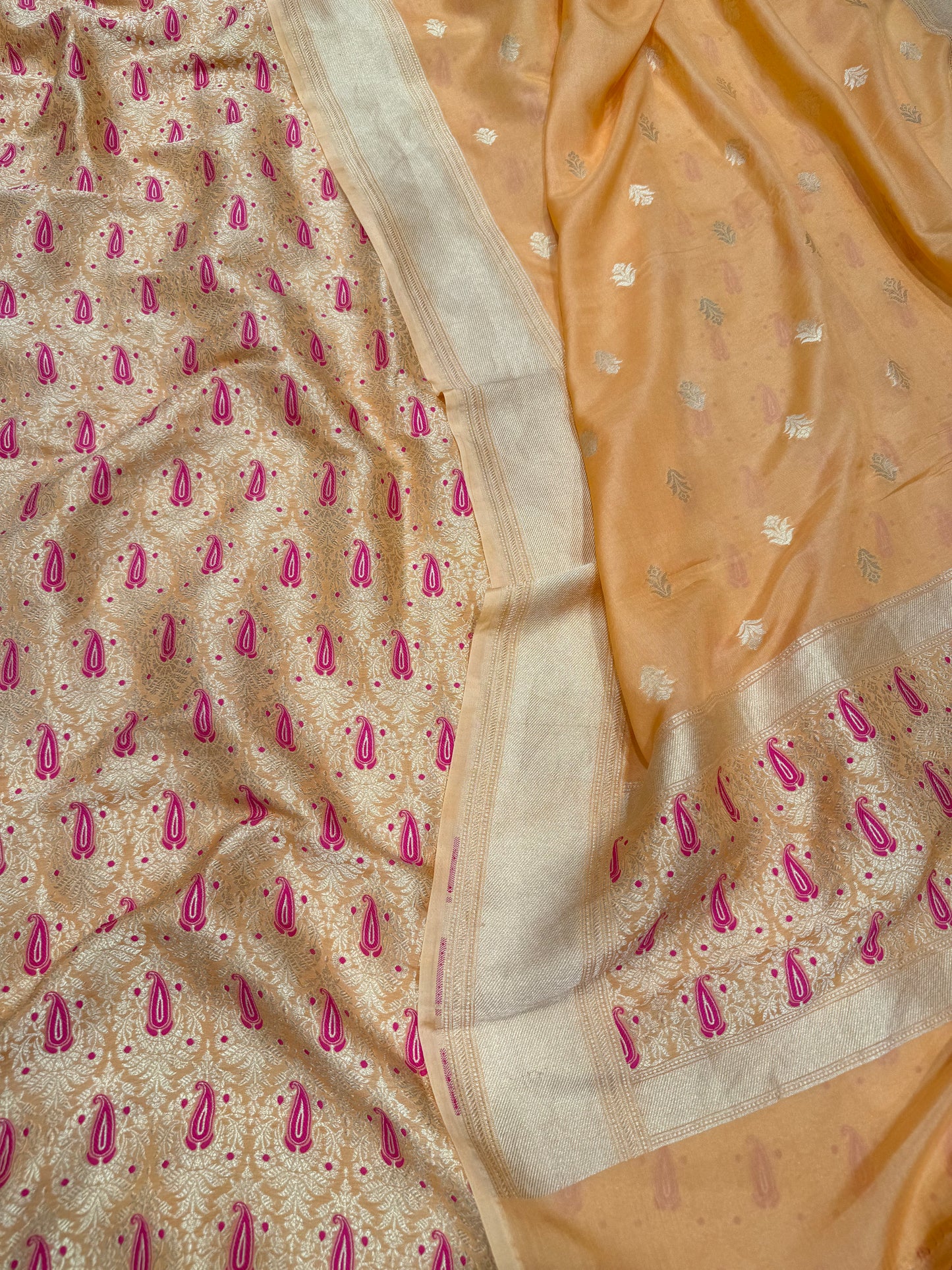Handwoven Peach Brocade Crepe Banarasi Suit Set